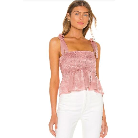 Lovers and Friends Revolve Harmony Smocked Shoulder Tie Pink Top Size Medium - Picture 3 of 13